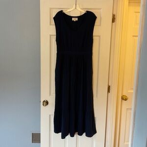 Xirena Blue Rib Cotton Maxi Dress Scoop Neck Pockets Made In USA Size XL